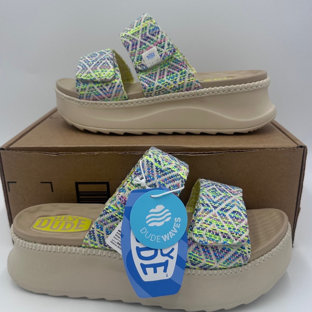 Hey Dude Delray Slide Surf Baja Sandals Womens 11 Blue Multi Platform NEW